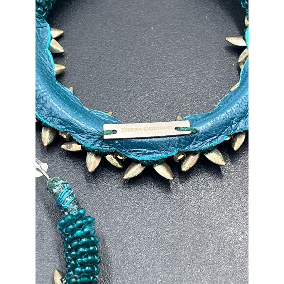 Deepa Gurnani Signed Handmade Green Beaded Floral Hoop Earrings Leather Back USA - Picture 8 of 8